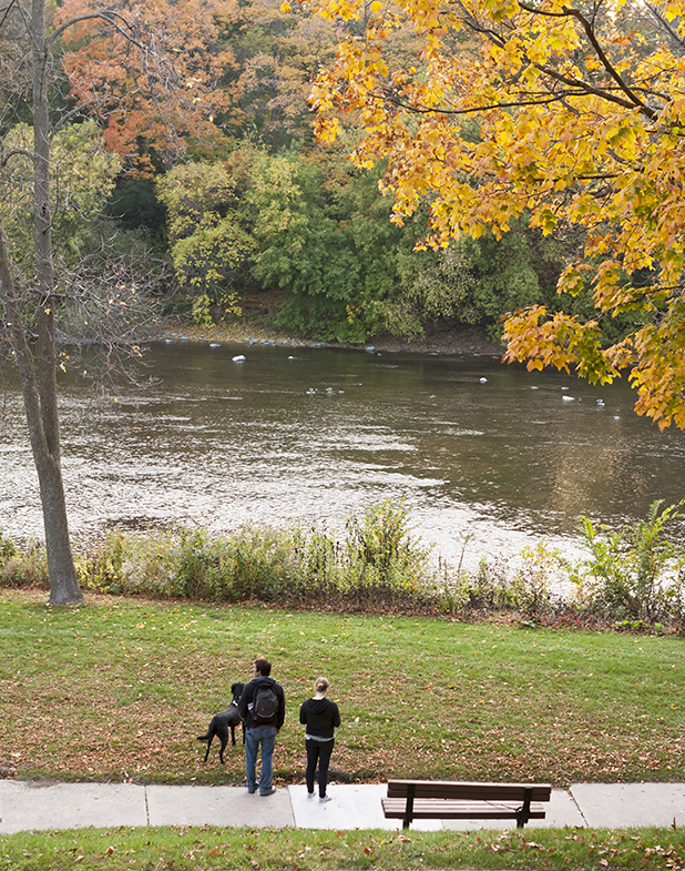 Couple with Their Dog Looking at a River